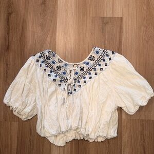 Free People White Peasant crop Top with Blue Embroidered Yoke
